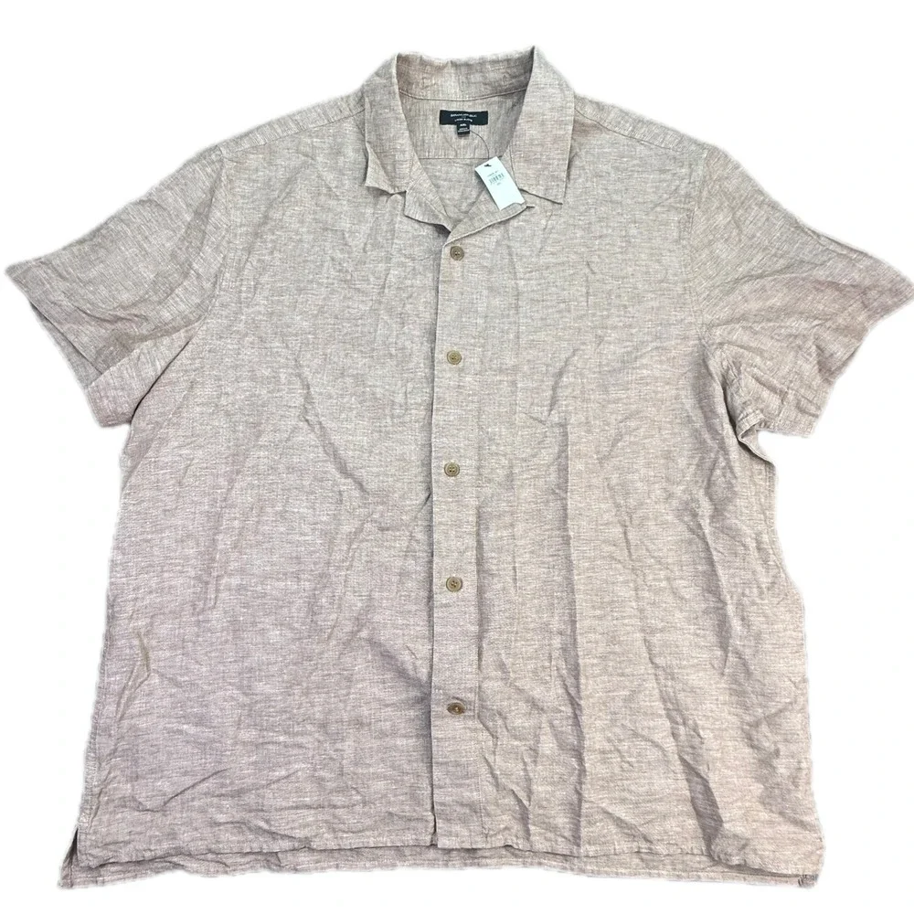 Banana Republic Shirt Mens XXL Tan Linen Blend Short Sleeve Camp Collar 708936